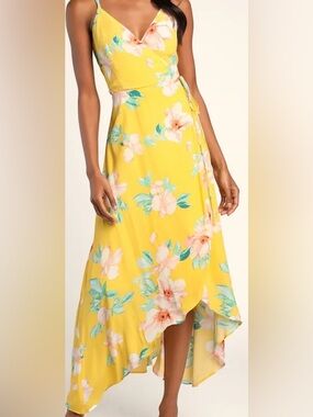 Lulus Yellow Floral Wrap High-Low Dress small